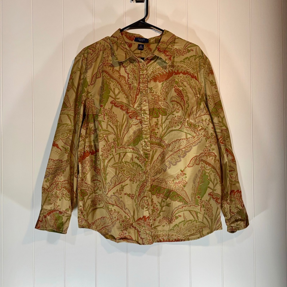Chaps Womens 3X Paisley Cotton Button Down Shirt Gold Brown Long Sleeve Top